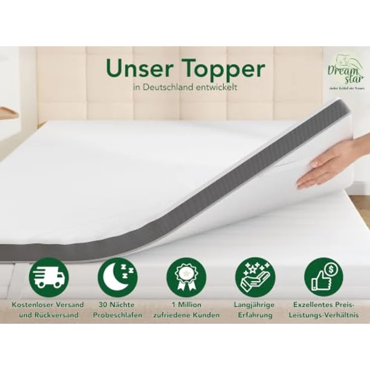 Dreamstar, 7-Zonen Topper mit Gel-Memory- und Komfortschicht, H2/H3, 8 cm hoch, rutschfest, waschbarer Bezug, Weiß – Bild 3