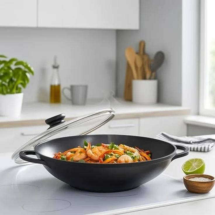 Kopf Wok Mai-Lu, Aluminiumguss, Ø 36 cm, Induktion, Antihaftbeschichtung, inkl. Glasdeckel & Zubehör – Bild 2