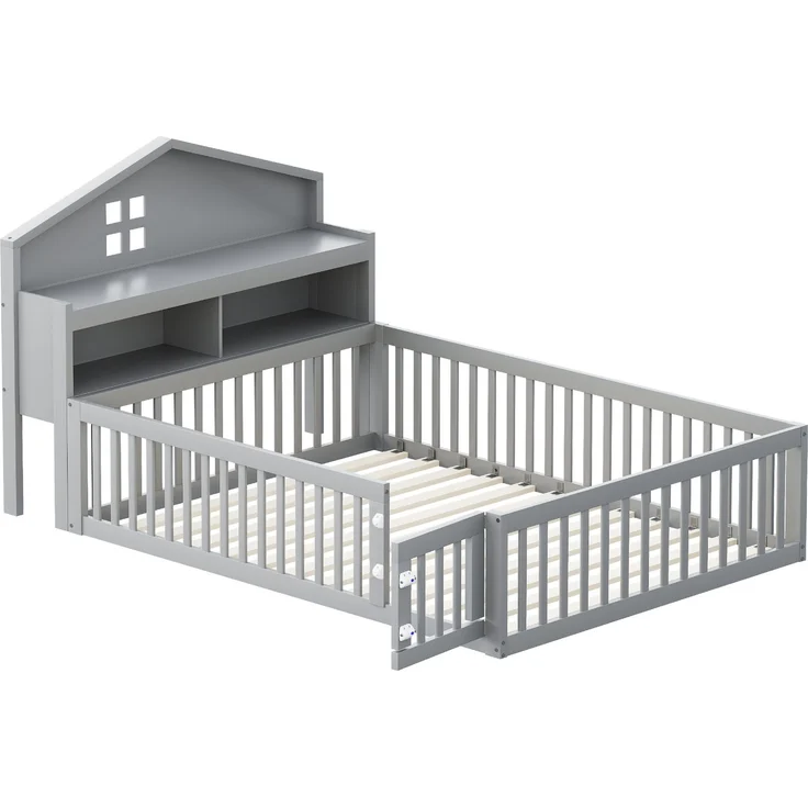 Kinderbett Hausform 140x200 cm mit Kreidetafel, Regalen & Tür,Massivholz Bodenbett,Grau – Bild 7