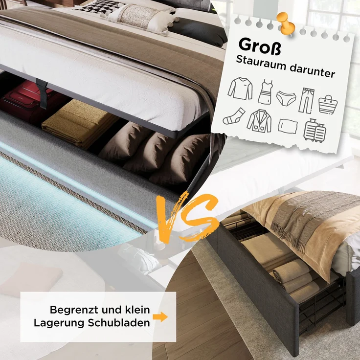 EINHOM Polsterbett Einzelbett 160 x 200 cm, Grau Baumwolle-Material Hydraulisches Stauraumbett, Gepolstertes Kopfteil mit USB Typ-C Ladefunktion, 3-Seitige LED-Funktion, (Ohne Matratze) – Bild 4