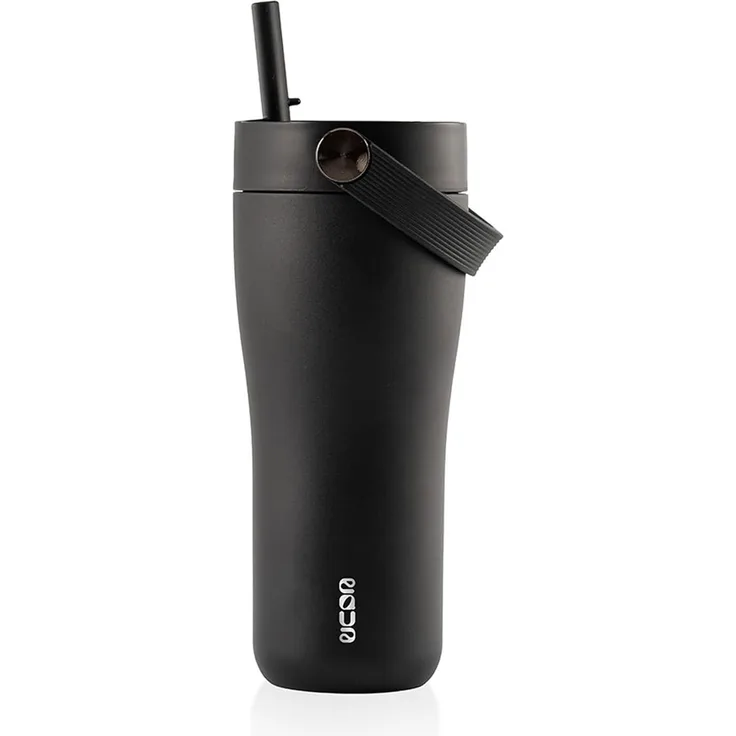 Thermo Trinkflasche mit Strohhalm Thermobecher Edelstahl EQUA Carry Cup 0,6L Schwarz 685956