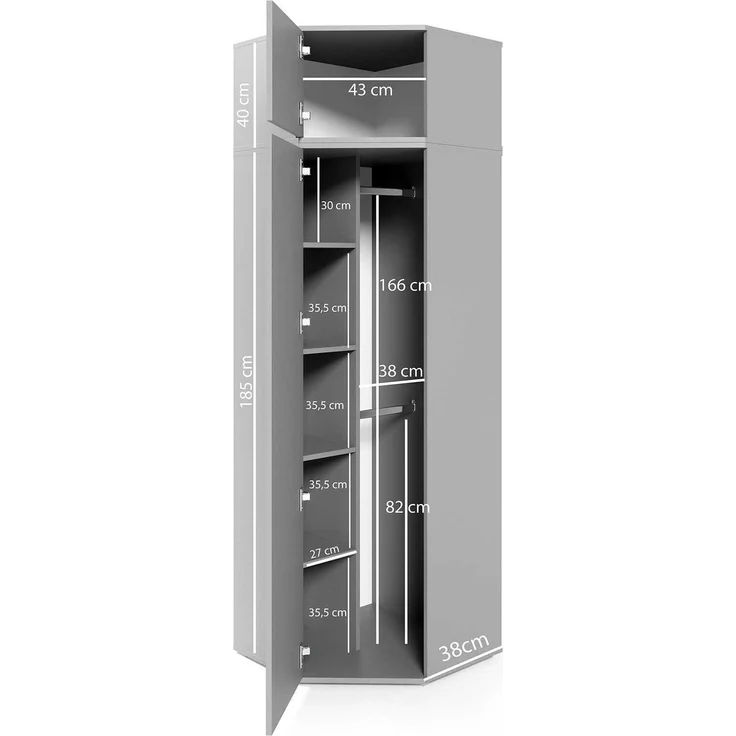 Eckschrank Modulo, Kleiderschrank mit Spiegel und Schrankaufsatz, Graphit Matt, 225 x 70 x 70 cm – Bild 2
