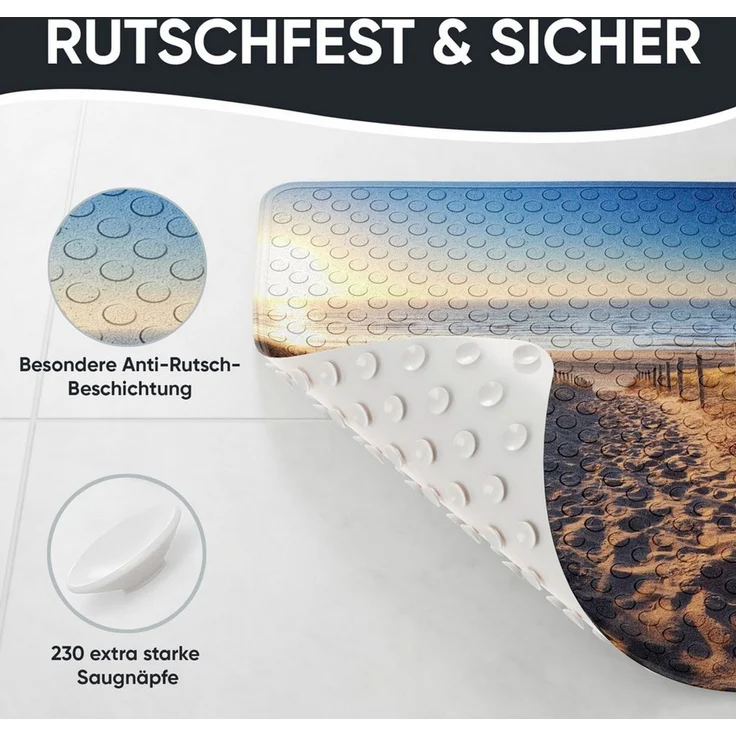 Sanilo Duschmatte, mit Motiv, rutschfest, waschbar, quadratisch, 230 extra starke Saugnäpfe, Kunststoff PVC, 53 x 53 cm, Düne – Bild 3