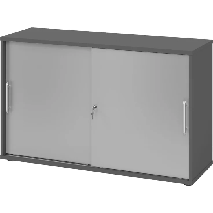 bümö Schiebetürenschrank 2OH - Aktenschrank abschließbar, Sideboard Schrank mit Schiebetüren in Graphit/Silber, Relinggriff - Büroschrank aus Holz mit Schiebetür, Büro Kommode für Ordner & Co, 1752S-G-S-RE – Bild 1