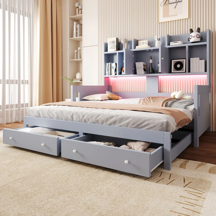 Multifunktionales Ausziehbares Schlafsofa Aus Holz Mit Schubladen, Ablageflächen, Schränken und offenen Fächern, Ausgestattet Mit Steckdosen und LED-Beleuchtung, Gästebett, Grau--Herde--193.6x97x140cm--YOUDENOVA – Bild 1