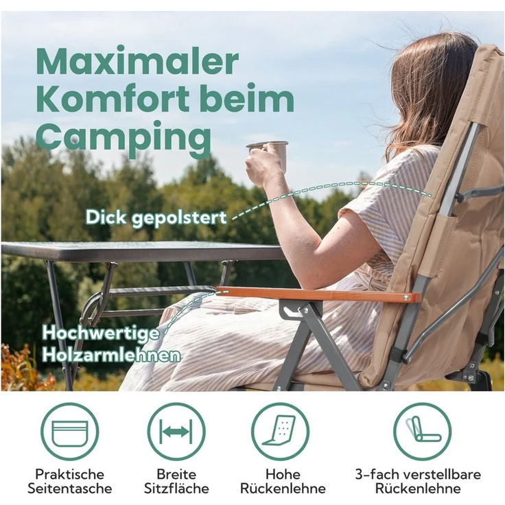 HOMECALL Campingstuhl Faltbar Hochlehner Luxus Klappstuhl mit 4,5cm Dicke Gepolstert (150kg Belastbar mit 3 Positionen Verstellbar Angelstuhl, 1 St), für Garten Balkon Wohnmobil – Bild 2