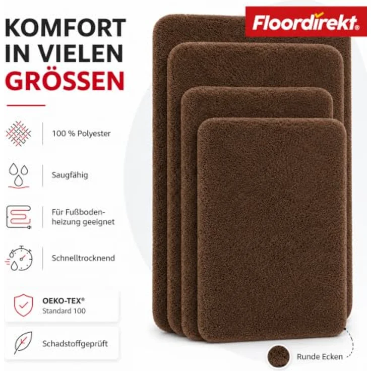 Floordirekt Badematte Sky, Weicher Hochflor Badezimmerteppich, Rutschhemmend & Schnell trocknend, Für Fußbodenheizung, Eckig & Rund, 50 x 60 cm, Braun – Bild 5