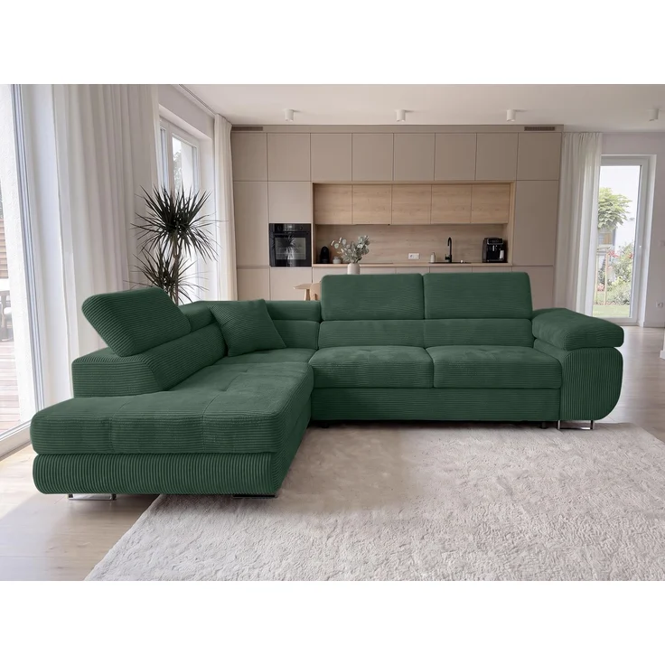 AX LIVING Konak Cord-Schlafsofa L Flaschengrün 276 cm, Bettkasten, Kopfstützen – Bild 4