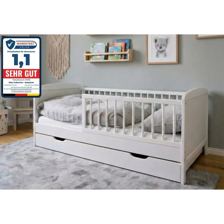 Kids Collective Kinderbett 70x140 cm mit Schublade, Lattenrost und Rausfallschutz in weiß, mit Bettkasten & Matratze, Made in Europe, bis zum 6. Lebensjahr – Bild 5
