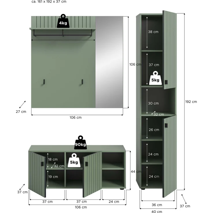 Garderobenkombination (B/H/T: 161x192x37 cm) in Smoke Green Nachbildung – Bild 4