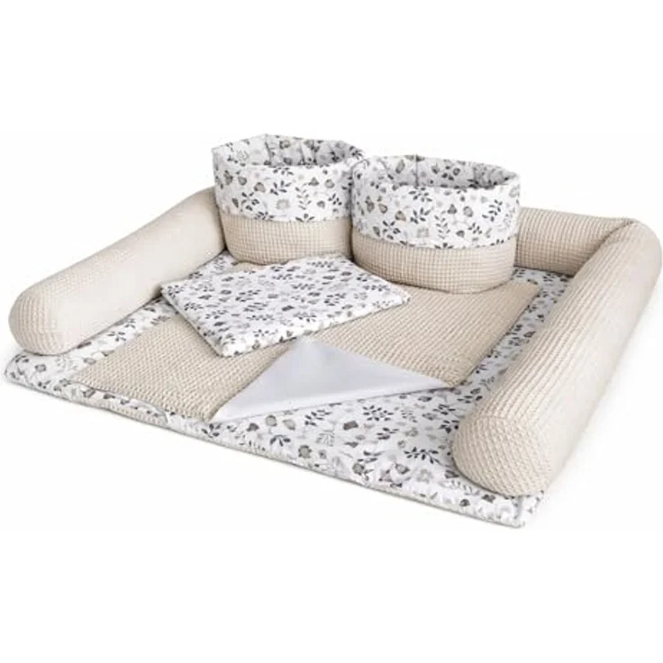 Wickelauflage Set 6-teilig – Wickelunterlage aus Baumwolle & Waffelstoff – Baby Wickelauflage – Geschenk zur Babyparty – Wickeltischauflage – 75x75 cm (Breite x Tiefe), Zweige und hellbeige – Bild 1