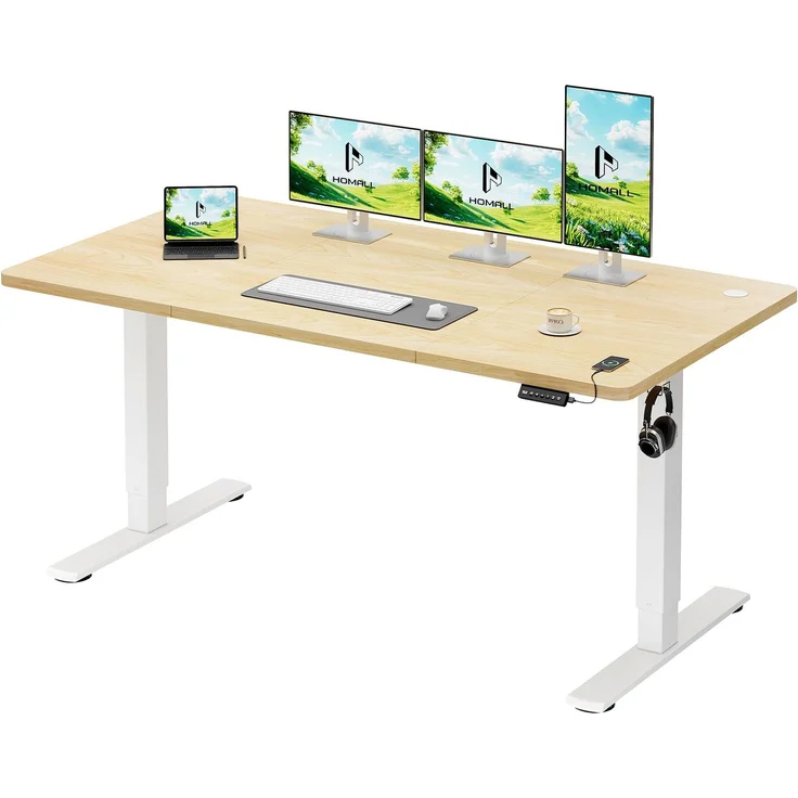 Homall Höhenverstellbarer Schreibtisch 160x70cm mit USB-Anschluss,Beige | Höhe verstellbar 73-118 cm, Memory-Funktion mit 2 Höhen,1 Haken, Bürotisch