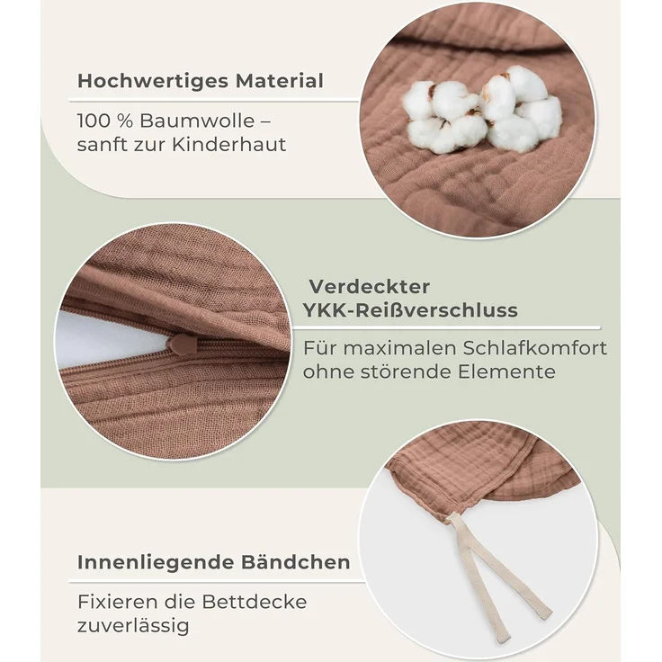 Laynenburg Kinderbettwäsche Musselin 2 teilig aus 100% Baumwolle in 100x135 cm + 40x60 cm, atmungsaktiv & bügelfrei – 3 lagig mit Reißverschluss & Haltebändern – Bild 5