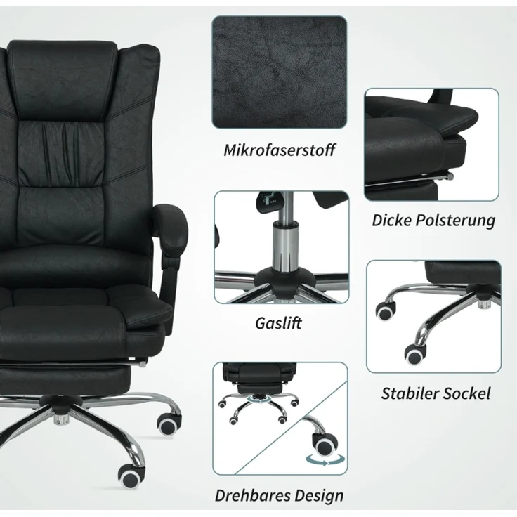 Faumrta Massagstuhl Bürostuhl mit Massagefunktion, inkl. Fu?stütze, h?henverstellbar, 64 cm x 70 cm x 118 cm, SchwarzPolyester64cm*70cm*118cmSchwarz – Bild 7