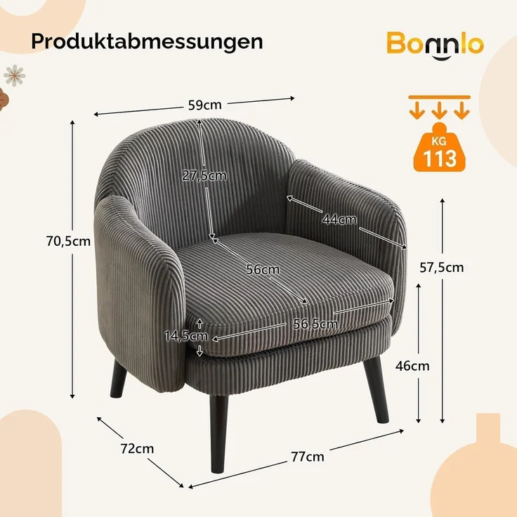Sessel Cocktailsessel Loungesessel Lesesessel 113kg Cord-stoff Grau – Bild 2