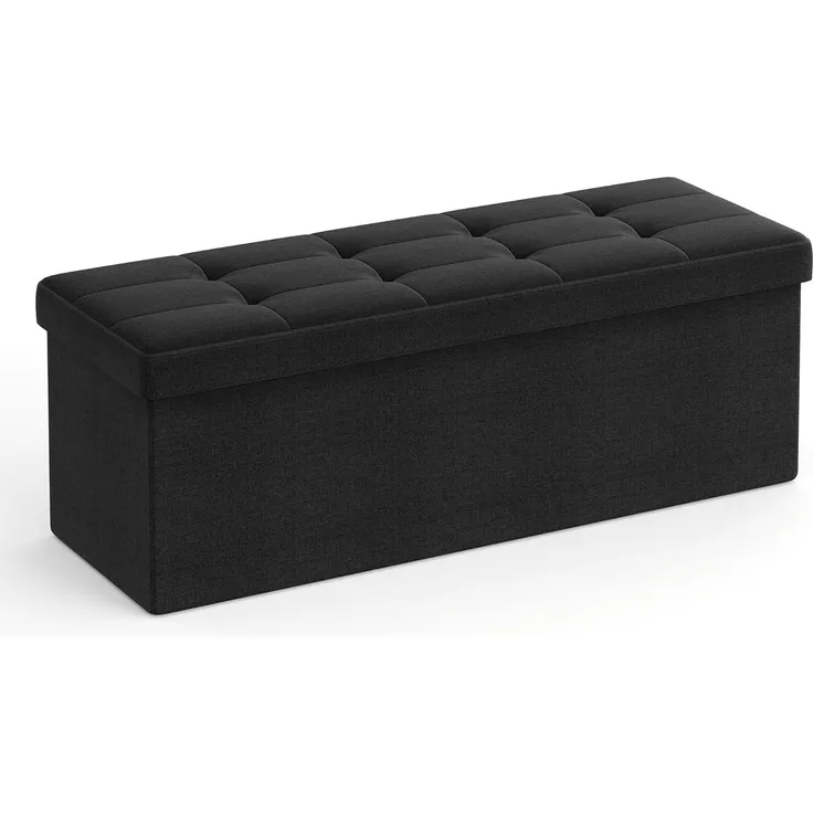 Songmics Sitzbank mit Stauraum, Sitztruhe, Aufbewahrungsbox, faltbar, max. statische Belastbarkeit 300 kg, mit Trenngitter aus Metall, 120 L, 110 x 38 x 38 cm, Leinenimitat, schwarz