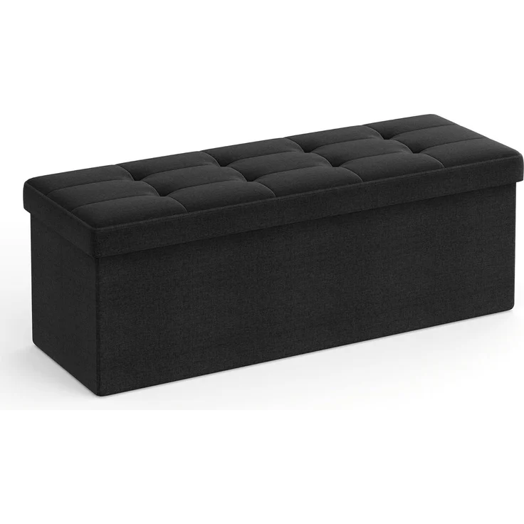 Songmics Sitzbank mit Stauraum, Sitztruhe, Aufbewahrungsbox, faltbar, max. statische Belastbarkeit 300 kg, mit Trenngitter aus Metall, 120 L, 110 x 38 x 38 cm, Leinenimitat, schwarz