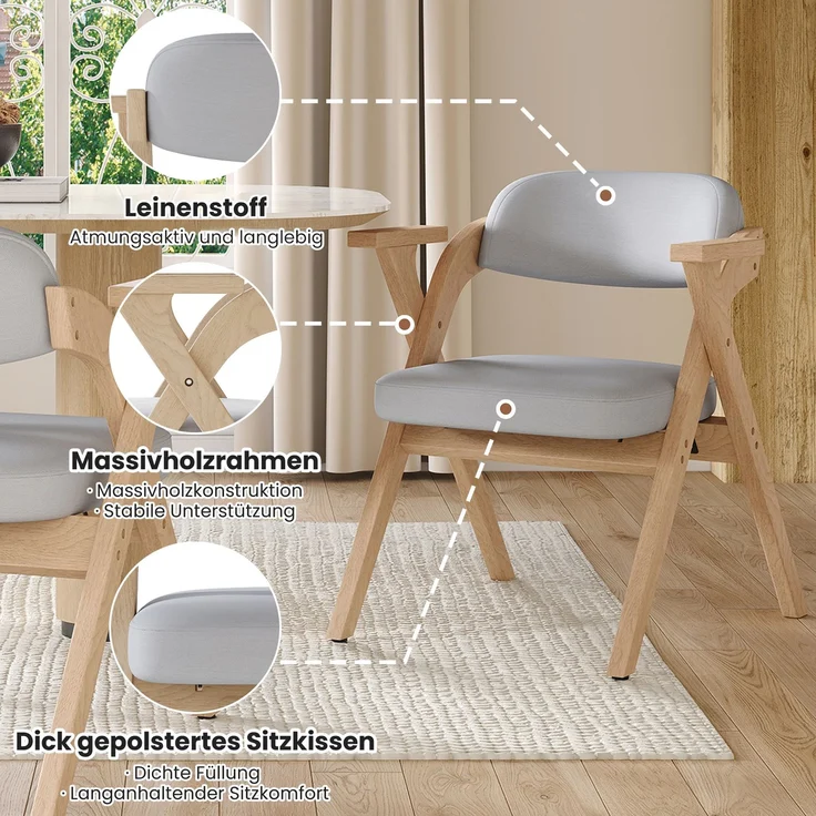 6 klappbare Esszimmerstühle, Esszimmerstühle aus Massivholz, bequem und atmungsaktiv, faltbar und verstaubar, geeignet für Esszimmer, Wohnzimmer, Café, moderner Stil, Leinen, grau--Herde--63.5x66.5x76cm--YOUDENOVA – Bild 2