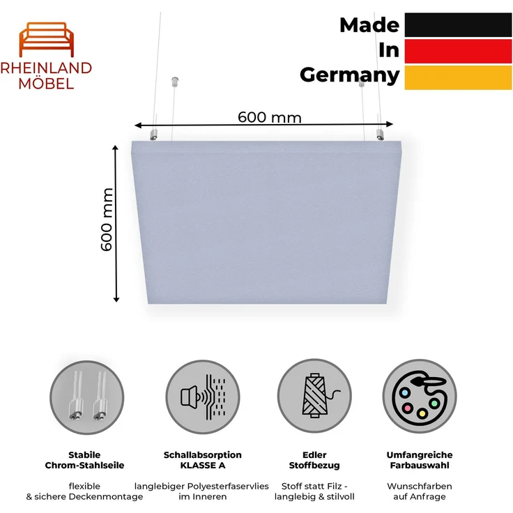 Rheinland Möbel FocusWall DAQ0606 – Quadratischer Akustik-Deckenabsorber 60×60 cm in Stofffarbe Rum inkl. Chrom-Stahlseilen - Made in Germany - Klasse A, Stoffbezug, schwer entflammbar – Bild 2