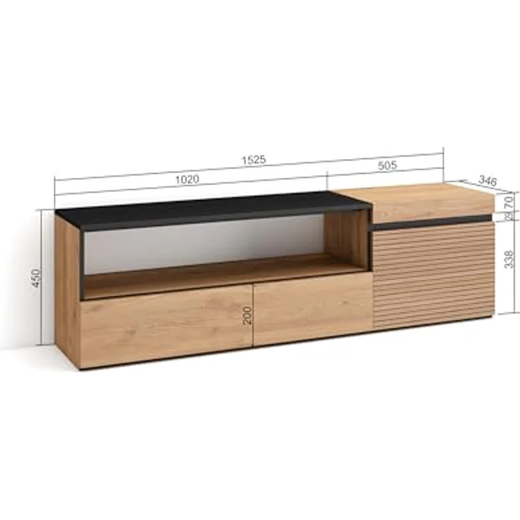 Skraut Home | TV-Schrank, Lowboard | für Wohnzimmer und Esszimmer | 150x45x35cm | Für TV-Geräte bis zu 65" | Fernsehtisch | Moderner Stil | Eiche – Bild 5
