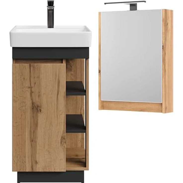 Planetmöbel Badmöbel-Set Nyx, (50cm Waschtisch mit Armatur & Spiegelschrank, 3-St), Badezimmer Waschtisch 50 cm – Bild 8