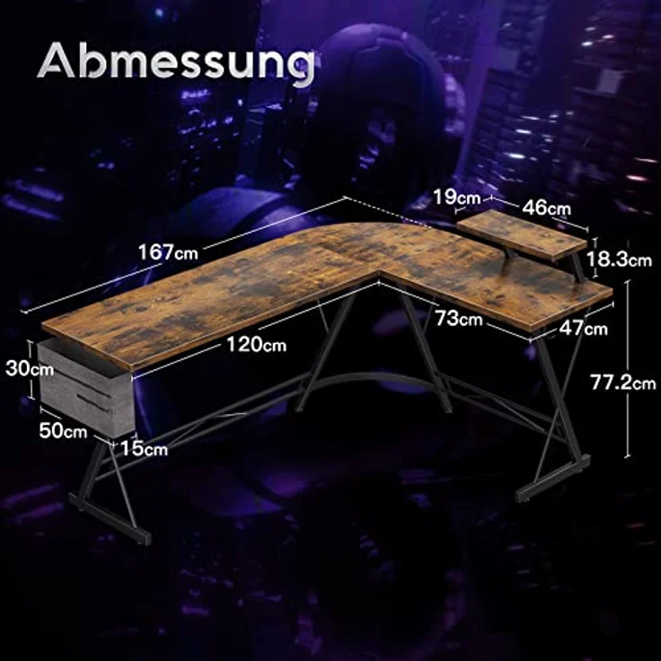 ODK Gaming Tisch, Computertisch, Gaming Schreibtisch mit runder Ecke, Gaming-Tisch mit Monitorablage (Weinlese, 167x120 cm) – Bild 4