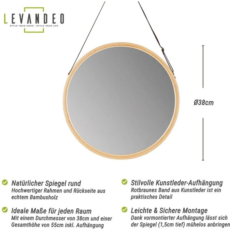 Levandeo® Wandspiegel, Wandspiegel 38cm Rund Bambus Holz Kunstleder Flurspiegel Wanddeko – Bild 2