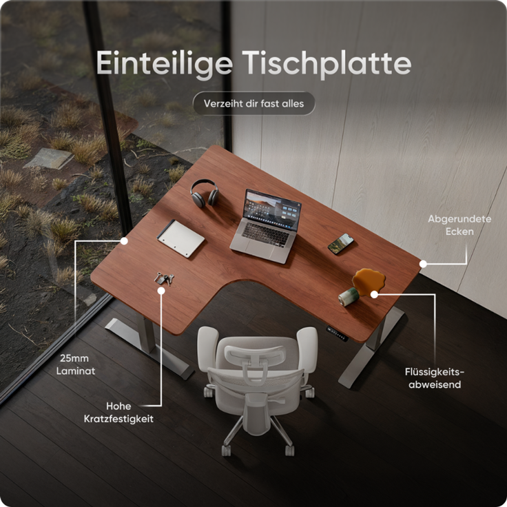 DESKSPACE CORNER Schreibtisch, Elektrisch höhenverstellbar, 160 x 130 x 70 cm, Mahagoni Tischplatte, Graues Gestell – Bild 8