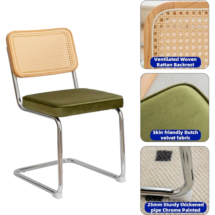 LVHOM Freischwinger 2er Set Esszimmerstuhl, Retro Küchenstuhl mit Chromgestell & Rattan-Rückenlehne, gepolsterter Samtsitz, stapelbar, moderne Wohnzimmerstuhl, Olivgrün – Bild 3