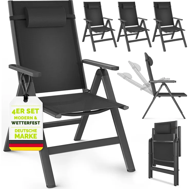 tillvex Gartenstuhl Premium 4 Stück Anthrazit klappbar aus Aluminium | Hochlehner mit Armlehnen | Klappstuhl verstellbar | Klappsessel Balkon Garten Terrasse