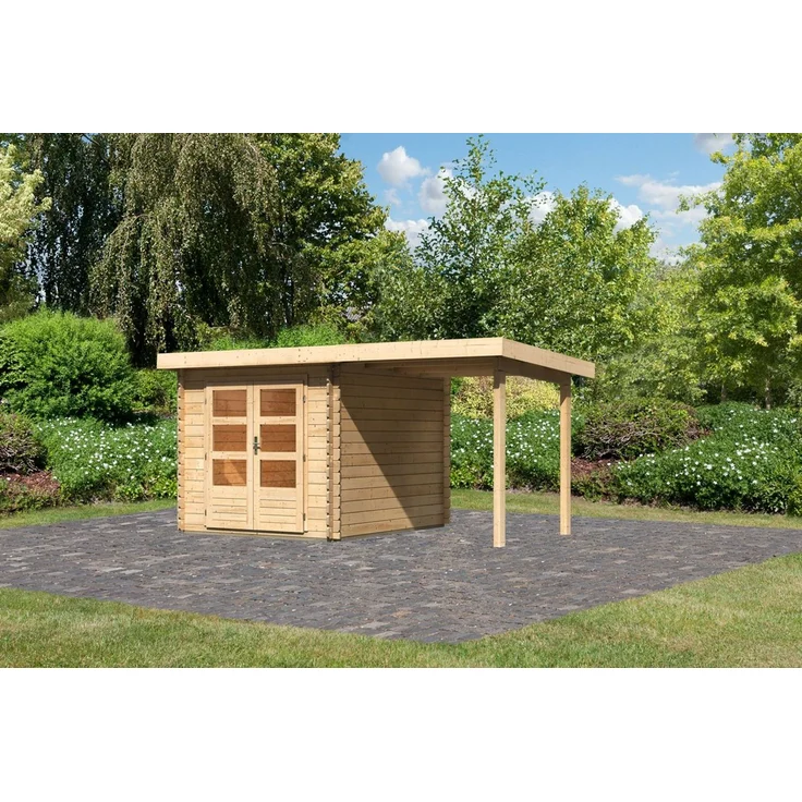 Gartenhaus Bastrup 4 - 420x297 cm mit Anbaudach 2,00 m, 28 mm Holz naturbelassen, Karibu