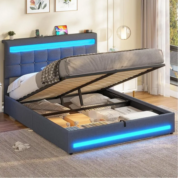 MSMASK Polsterbett Jugendbett mit LED Beleuchtung und Ladestation, Hydraulisches Bett (Ohne Matratze), mit Höhenverstellbares Kopfteil und Stauraum