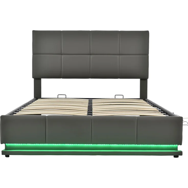 Merax LED Hydraulisches Polsterbett 140x200 aus Kunstleder Doppelbett mit Höhenverstellbares Kopfteil & Lattenrost Dunkelgrau – Bild 9