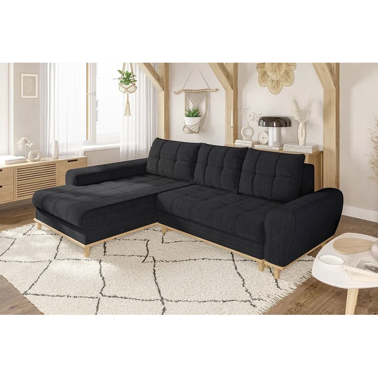 Ecksofa Scandi-Stil Schlafcouch Stauraum Ottomane LI Bouclé Chenille Anthrazit – Bild 3