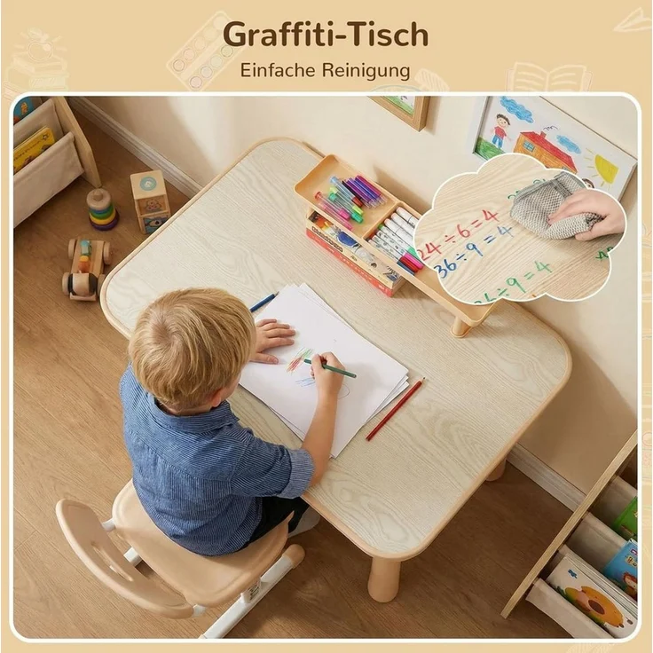 TLGREEN Kinderschreibtisch mit Stuhl Set Höhenverstellbarer (Kinderaußenhocker innen/außen nutzbar, Graffiti-Tisch 3-12 Jahre, mit Seiten-Bücherregal & Ablagekasten), Stabiler Kinderlernplatz für Kinderzimmer/Garten/Arbeitszimmer – Bild 3