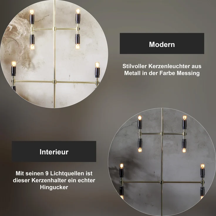 Moderner Kerzenleuchter ,Twice', 5-armig, 9-flammig, E14 Fassungen, Netzbetrieb, Messing, H 91cm – Bild 4