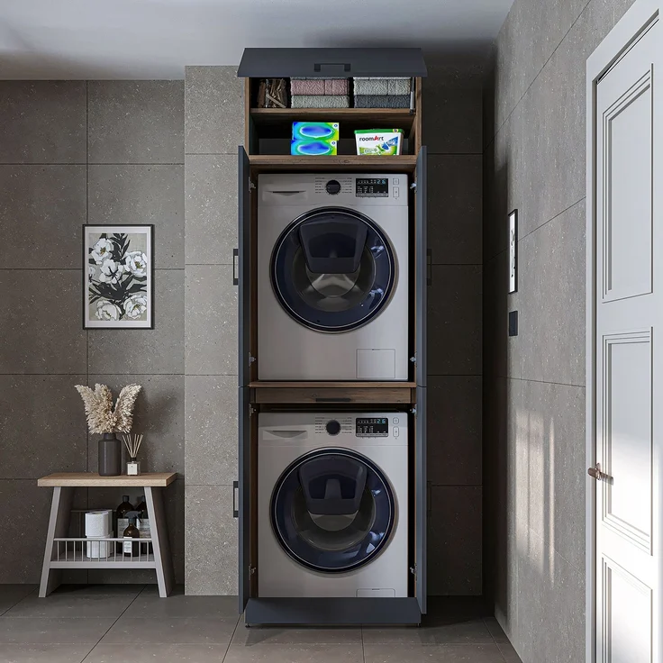 Roomart Waschmaschinenschrank DORA-I- Waschmaschinen- & Trocknerschrank mit Türen & Ausziehbrett – Waschküchenschrank für Waschmaschine & Trockner • Anthrazit-Eiche – Bild 3
