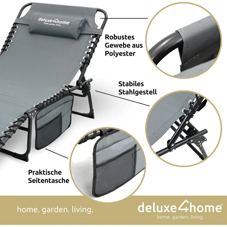 deluxe4home Gartenliege Sonnenliege 5-stufig Verstellbar I Liegestuhl Anthrazit Campingliege, Verstellbar – Bild 6
