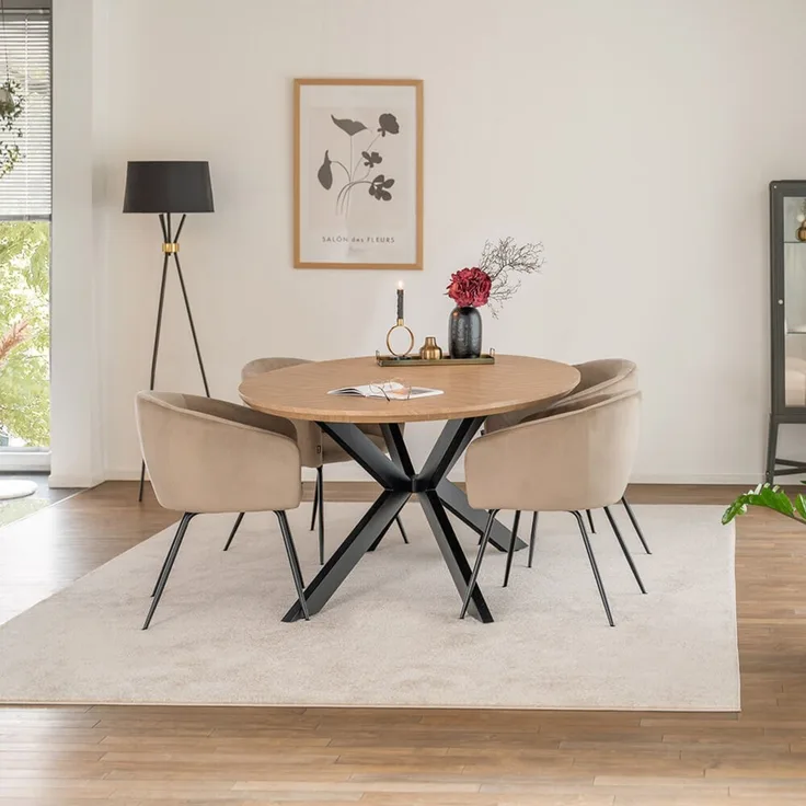 HOME DELUXE Essgruppe Oval inkl. Sternfuß - 200 x 120 cm Fishbone Oak 4 Stühle Beige