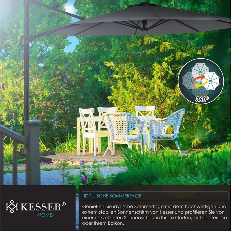 KESSER® Sonnenschirm Ampelschirm SUN Rund XL Ø330 cm Inkl. Windschtzseile & Abdeckung 7-Fach Verstellbar Drehbar Neigbar Kippbar Groß 360° Drehbar Gartenschirm mit Kurbel Sonnenschutz UV50+ Anthrazit, Ohne LED – Bild 2