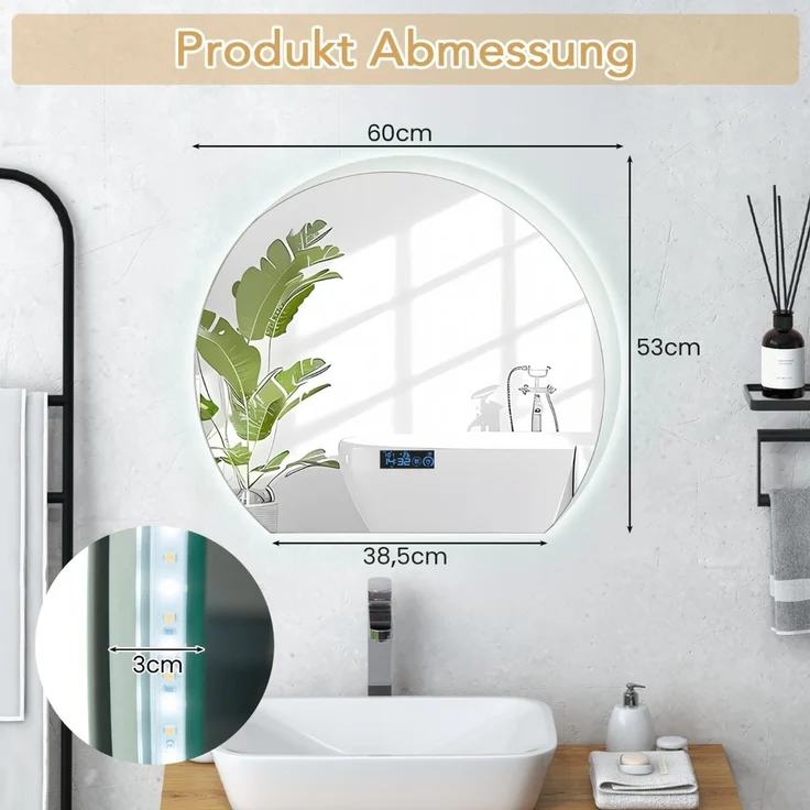 Halbrunder Badezimmerspiegel mit 3-farbigen LED-Leuchten Dimmbarer Kosmetikspiegel – Bild 2