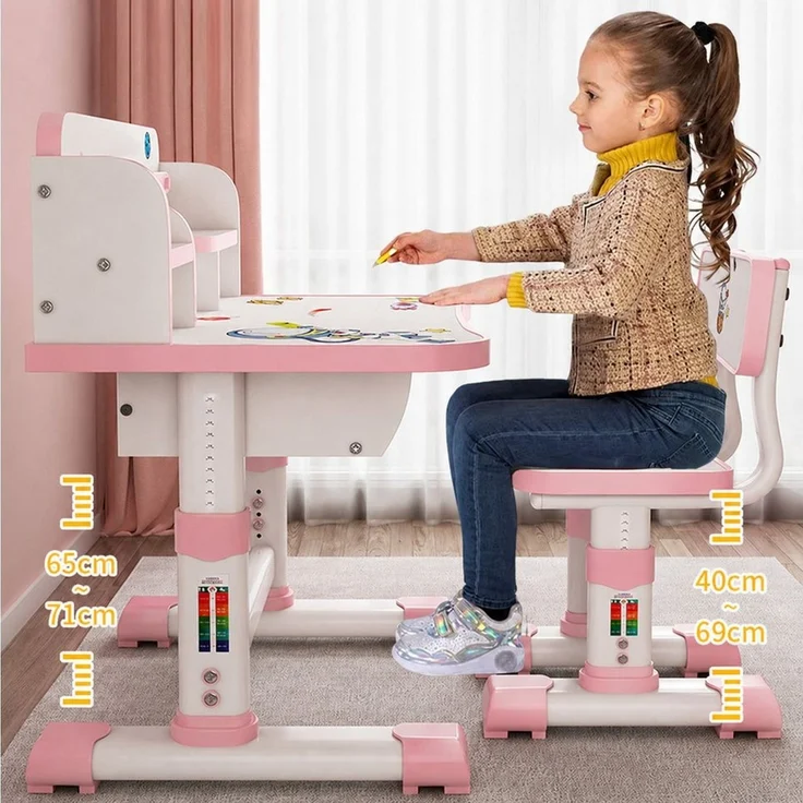 Rutaqian Kinderschreibtisch Kinderschreibtisch mit Stuhl höhenverstellbar, ergonomisches Lernset, Mit Schublade, Bücherfach und verstellbarer Rückenlehne – Bild 3
