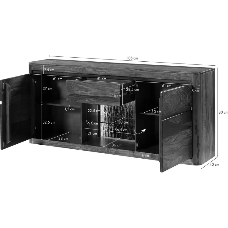 Sideboard Sheesham 185 x 40 x 80 walnuss gewachst TORONTO LUX #202 – Bild 6
