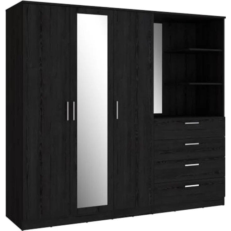 Forte Panama Kleiderschrank 200, moderner Schrank mit Regalkombination, 3-türig, 4 Schubladen, 2 offene Fächer, 2 Spiegel, Cabezone Eiche Holzdekor, 199 cm breit x 181 cm hoch x 52,7 cm tief – Bild 4