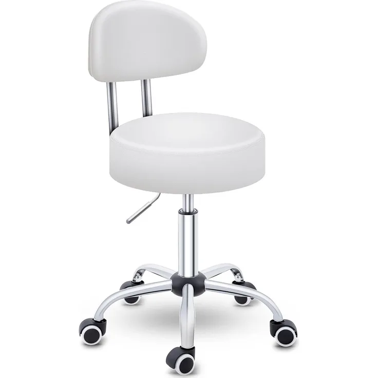 TRESKO® Rollhocker mit Lehne Weiß | Arbeitshocker höhenverstellbar 47-60 cm | Drehhocker mit Rollen | Bürostuhl Hocker Drehstuhl Kosmetikhocker