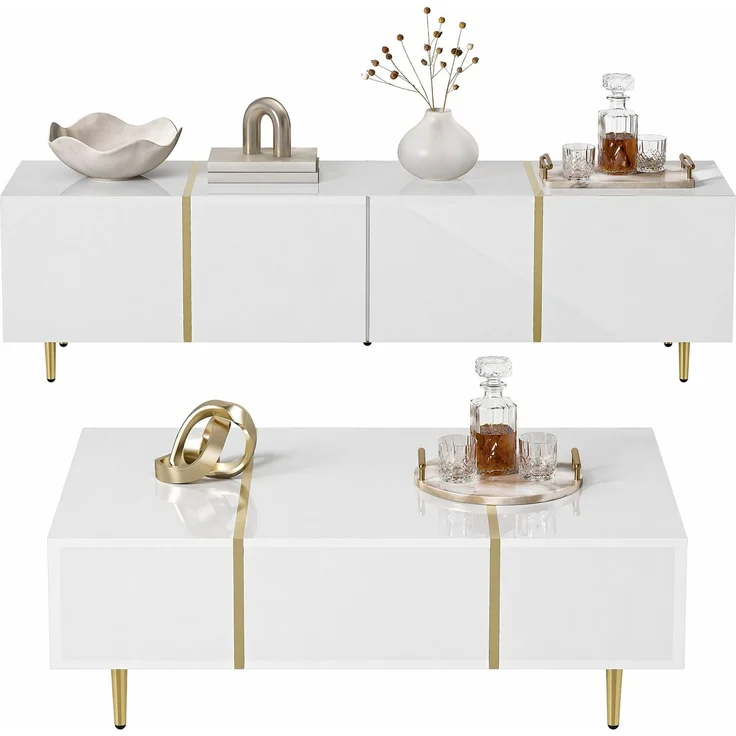 DESVIAE TV-Schrank und Couchtisch im Set, MDF, Weiß Hochglanz, 170x46x35 cm / 100x41,5x60 cm, mit Stauraum – Bild 7