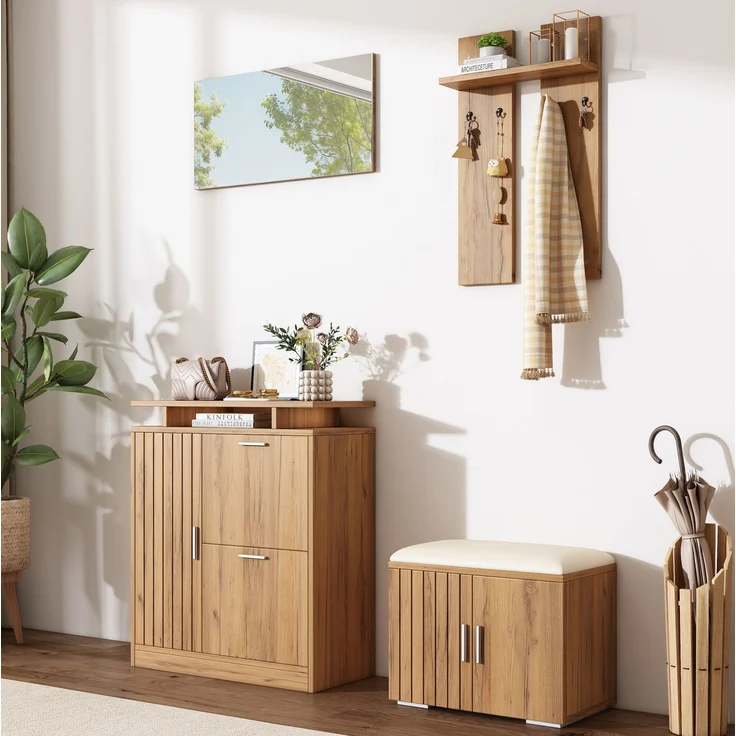 CHICFURN Schrank 140x133x35 cm mit Schuhbank, Spiegel und Kleiderhaken – Natur – Bild 3