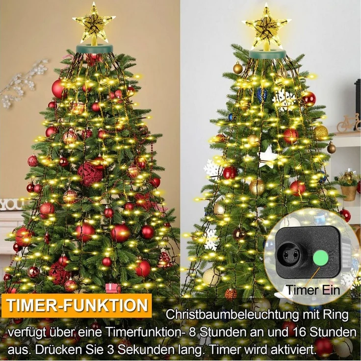 SERBASIC LED-Lichterkette Weihnachtsbaum,Christbaumbeleuchtung mit Ring und Stern,Timer 8 Modi, 16 Stränge, Speicher, für Außen Innen, 150cm bis 220cm Tannenbaum – Bild 4
