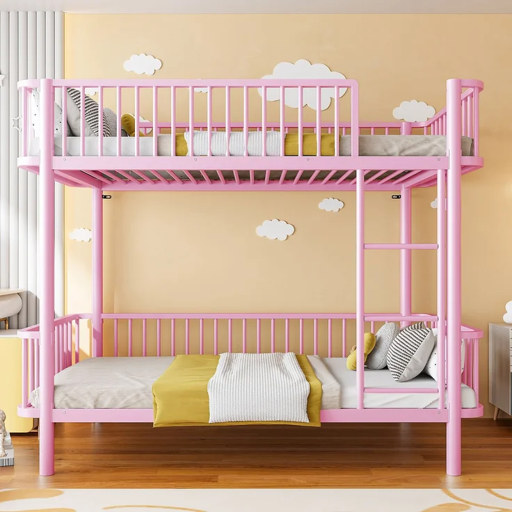 EINHOM Metall-Etagenbett 90*200 mit abgerundeten Ecken, erhöhten Beinen, Sicherheitsgeländer, platzsparend, Schwarz, Rosa (Ohne Matratze) – Bild 4