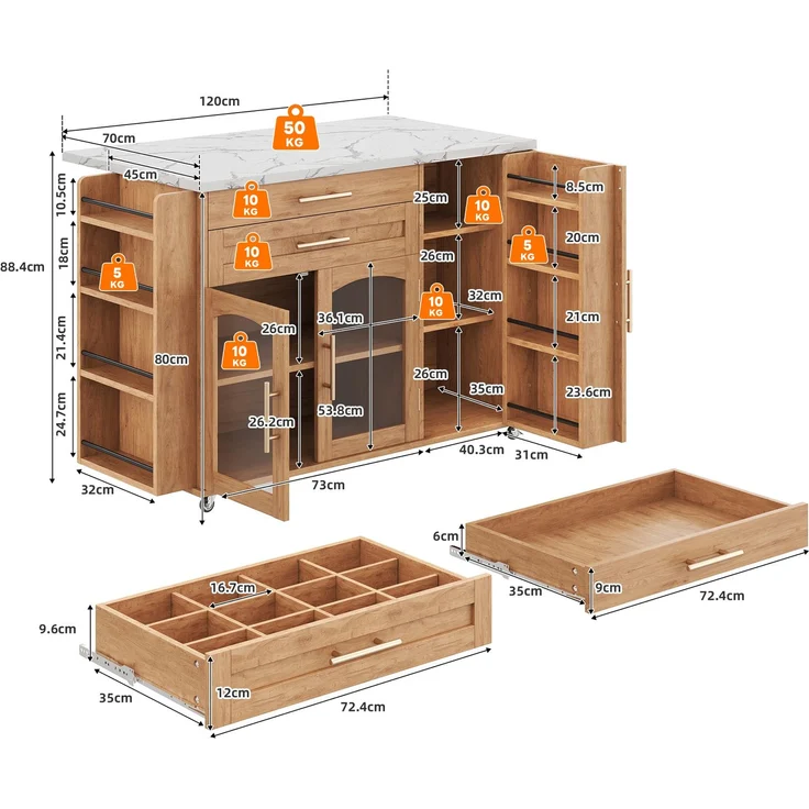 Merax 138cm Mobiler Kücheninsel mit klappbarem Arbeitsbereich, Küchenwagen, 5 Rädern, mehreren Aufbewahrungslösungen, Gewürzregal, Besteckschublade, Natur – Bild 4
